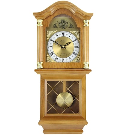 Bedford Clock Collection 26 in. Classic Golden Oak Chiming Wall Clock with Swinging Pendulum BE336148